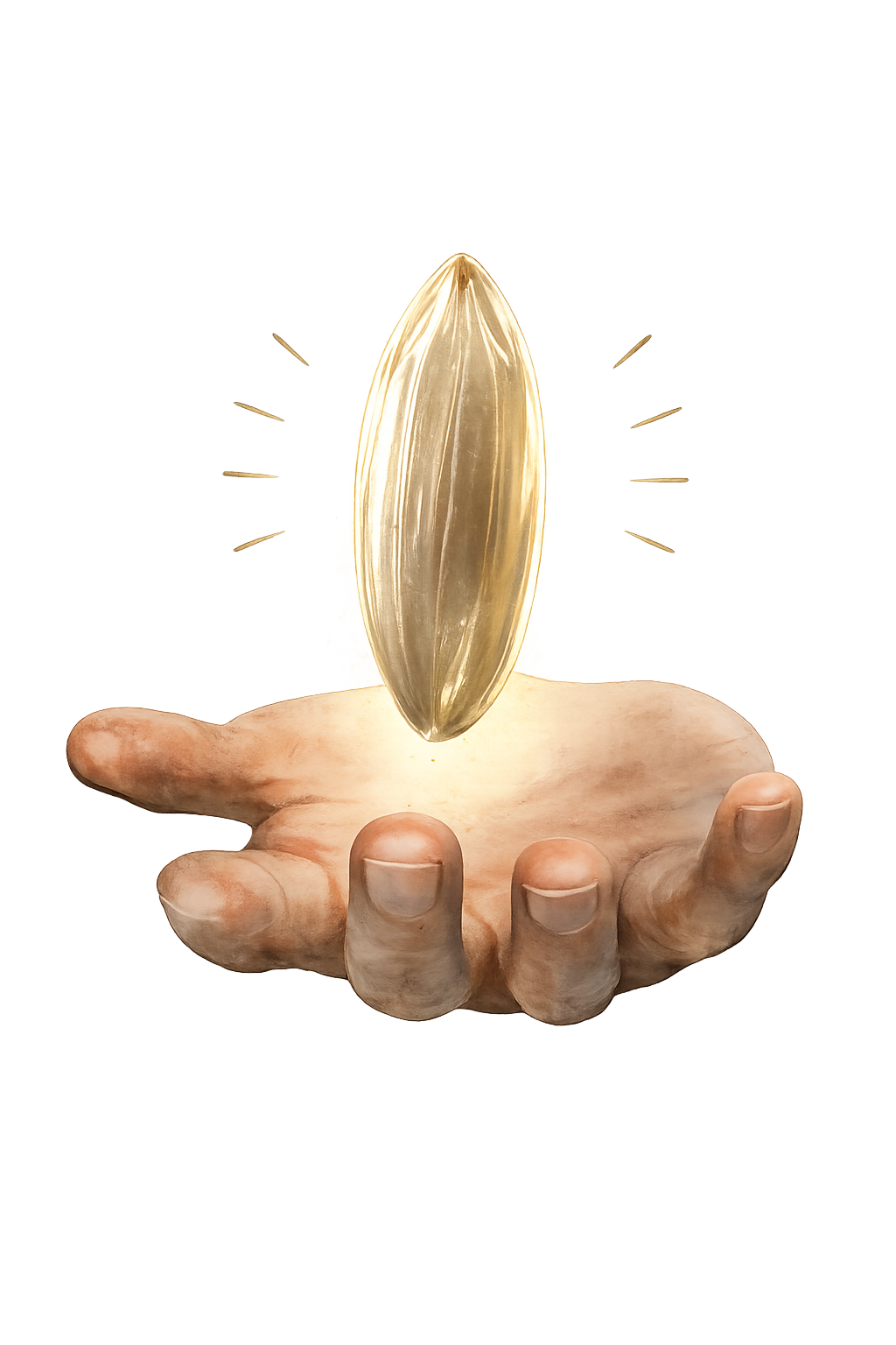 A single glowing grain of rice hovering above an open upturned palm