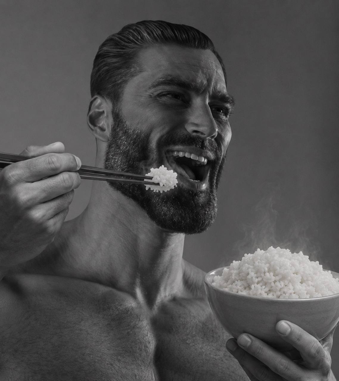 Bearded man cradling a dark bowl of rice