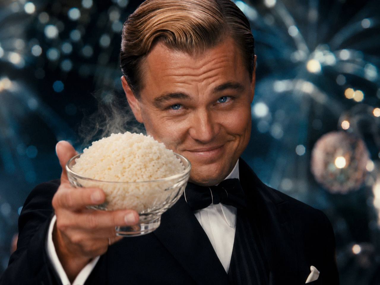 DiCaprio in a tux raising a bowl of rice