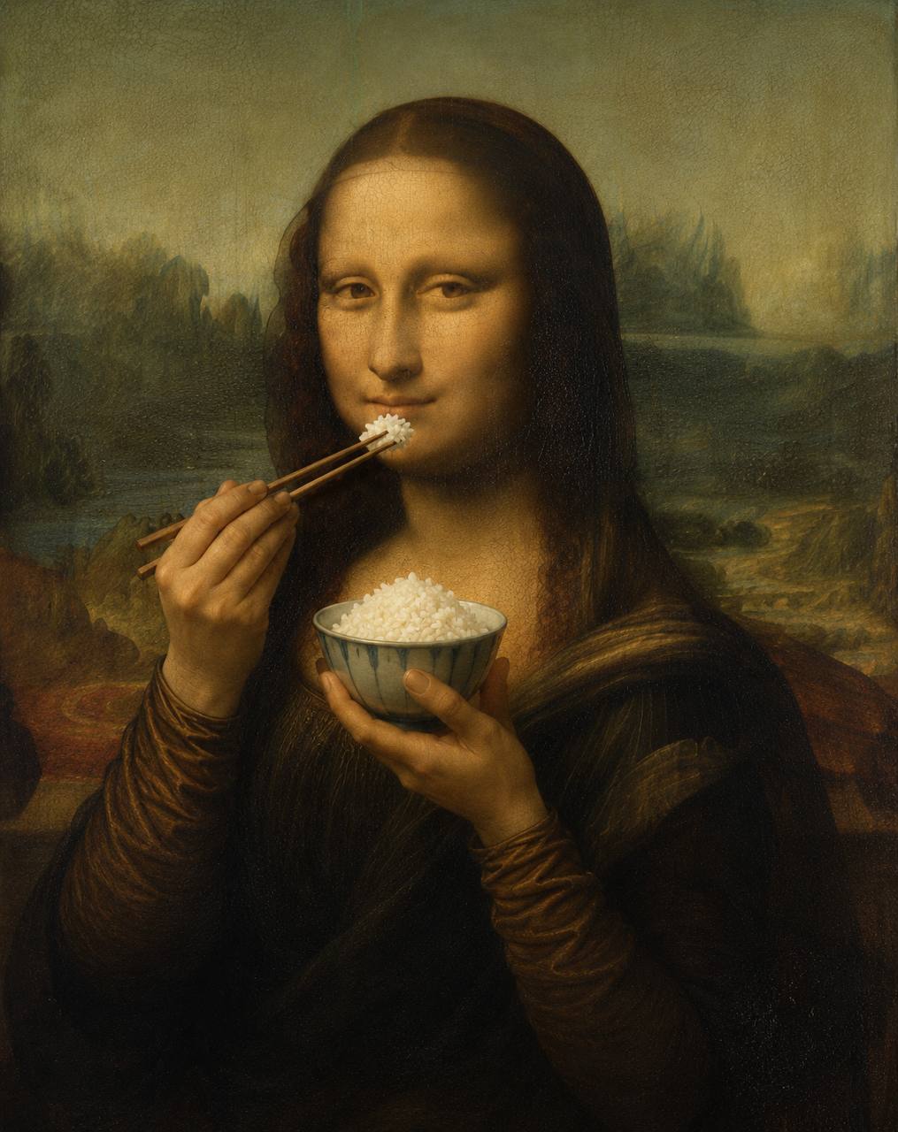Mona Lisa eating rice with chopsticks