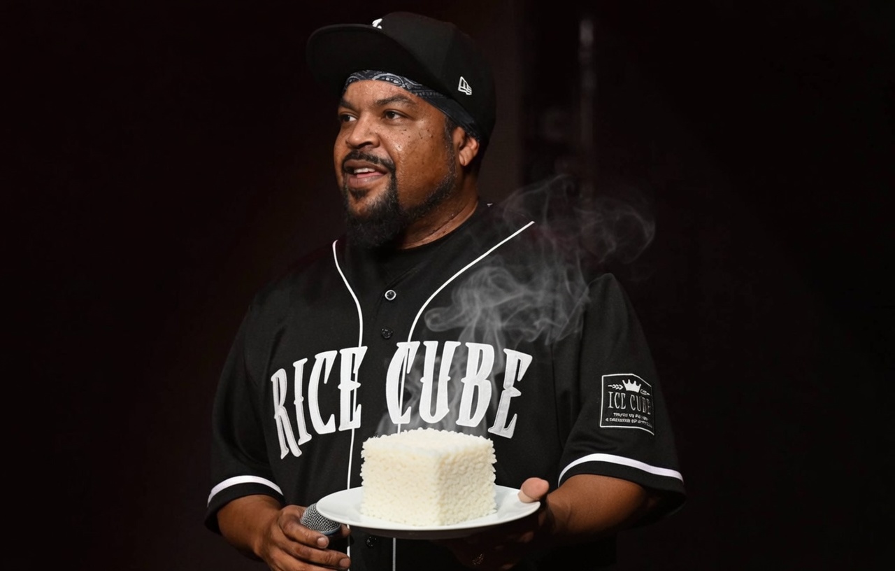 Ice Cube in a 'RICE CUBE' jersey with a plate of rice cubes